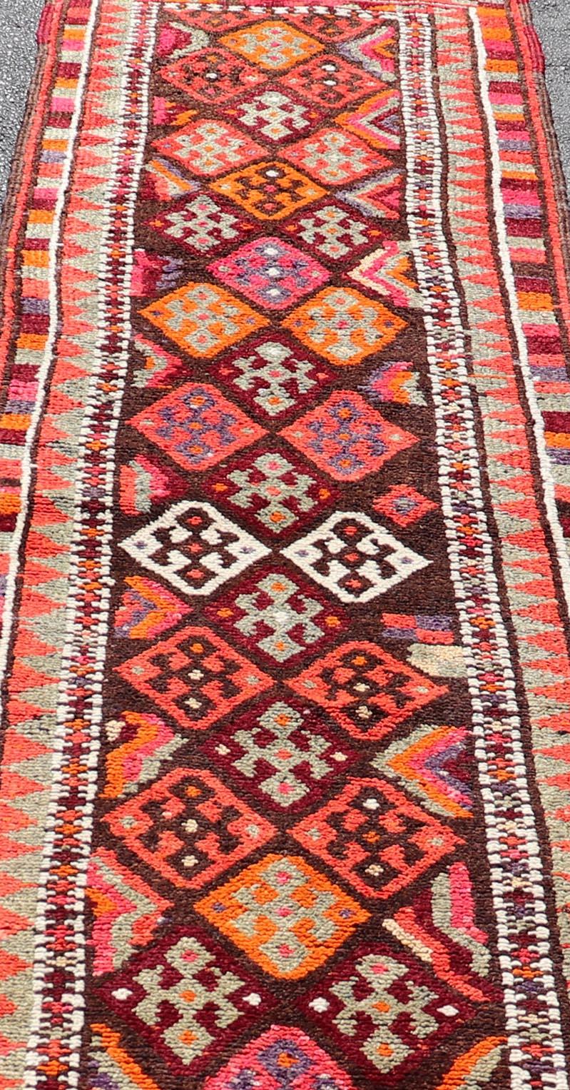 Wool Turkish Geometric Kurdish Design Vintage Runner With All-Over Tribal Design For Sale