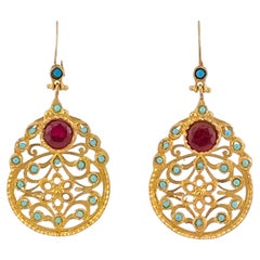 Turkish Gilt Metal Dangle Earrings with 10mm Round Rubies, New