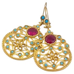 Turkish Gilt Metal Dangle Earrings with 10mm Round Rubies, New