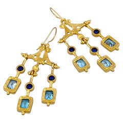 Pendientes colgantes turcos de metal dorado con espinela azul y cristal, nuevos