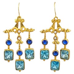 Pendientes colgantes turcos de metal dorado con espinela azul y cristal, nuevos