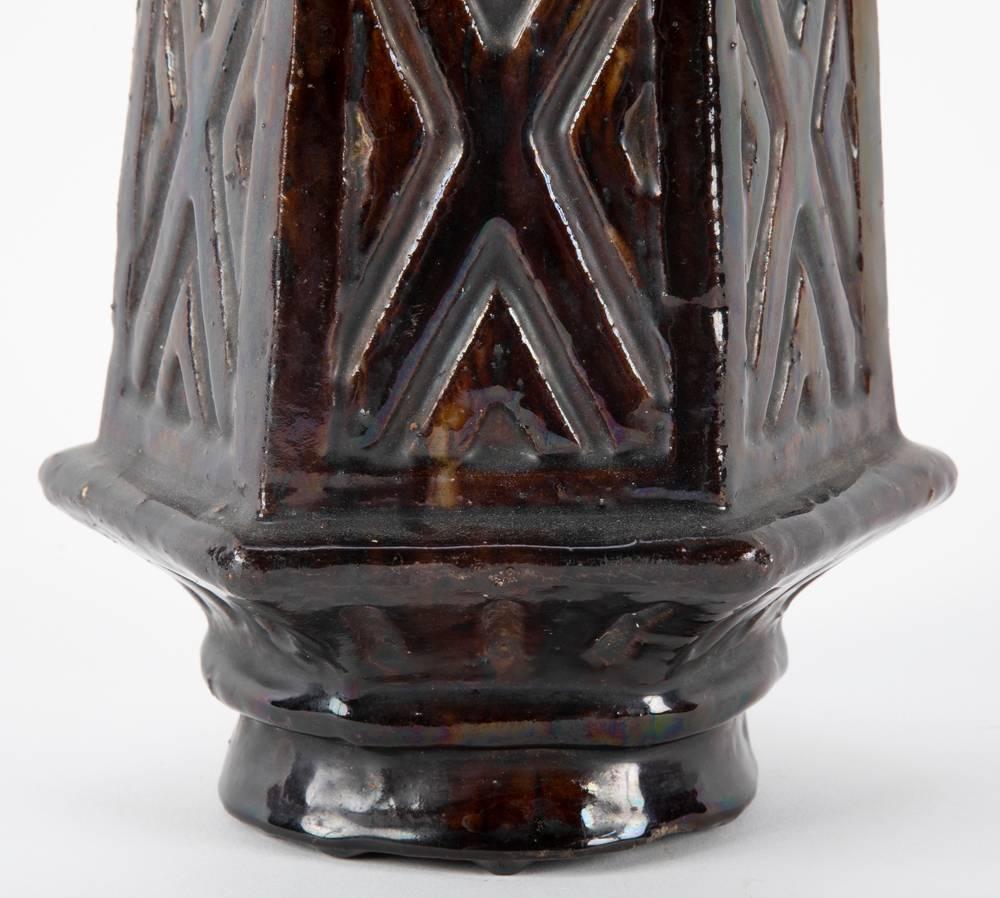 Turkish Glazed Ceramic Hexagonal Bottle Vase In Excellent Condition In Stamford, CT