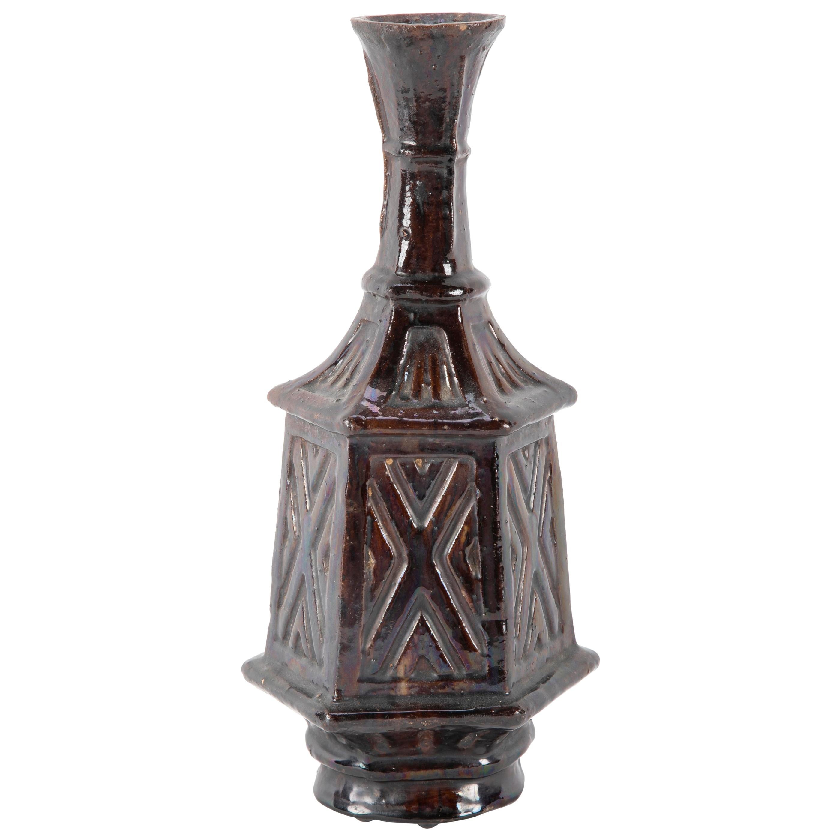 Turkish Glazed Ceramic Hexagonal Bottle Vase