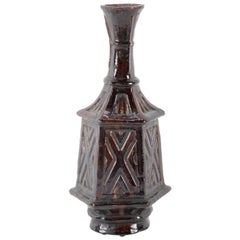 Antique Turkish Glazed Ceramic Hexagonal Bottle Vase