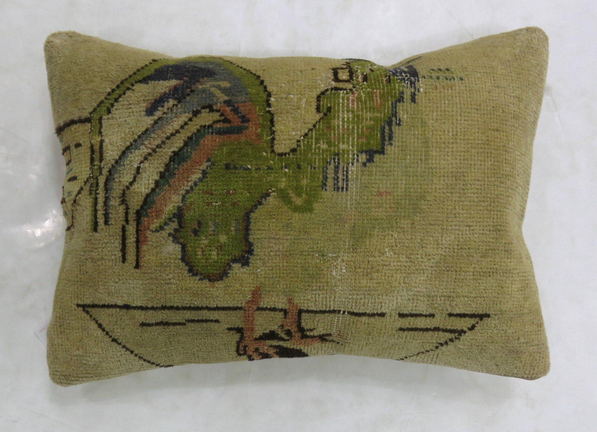 Folk Art Turkish Green Rooster Pictorial Wool Cotton Rug Pillow