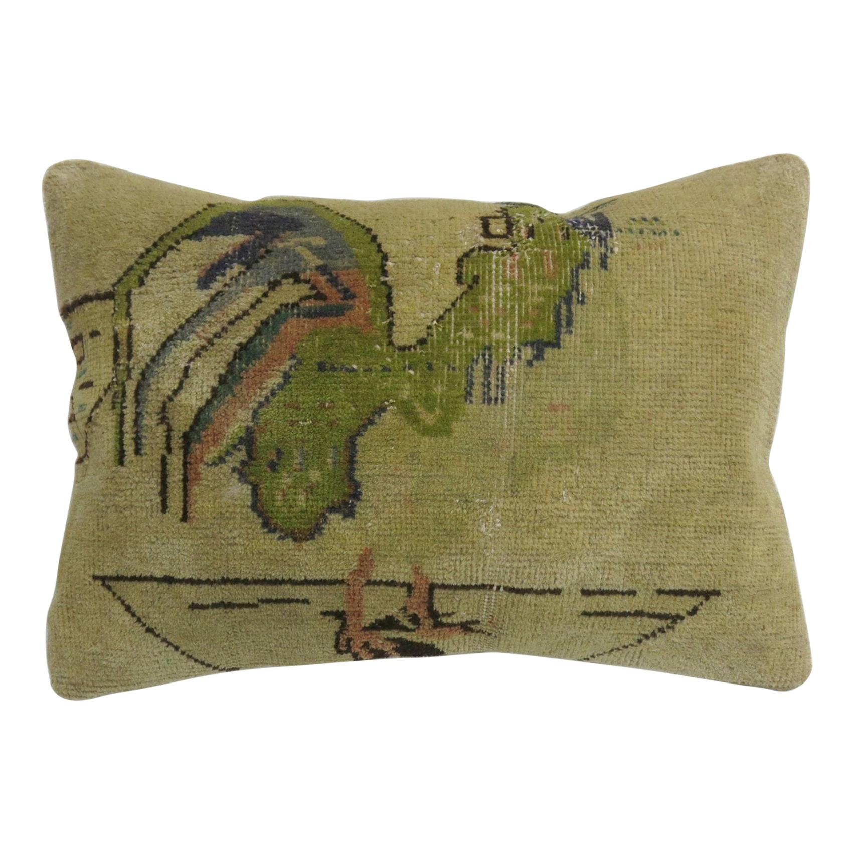 Turkish Green Rooster Pictorial Wool Cotton Rug Pillow