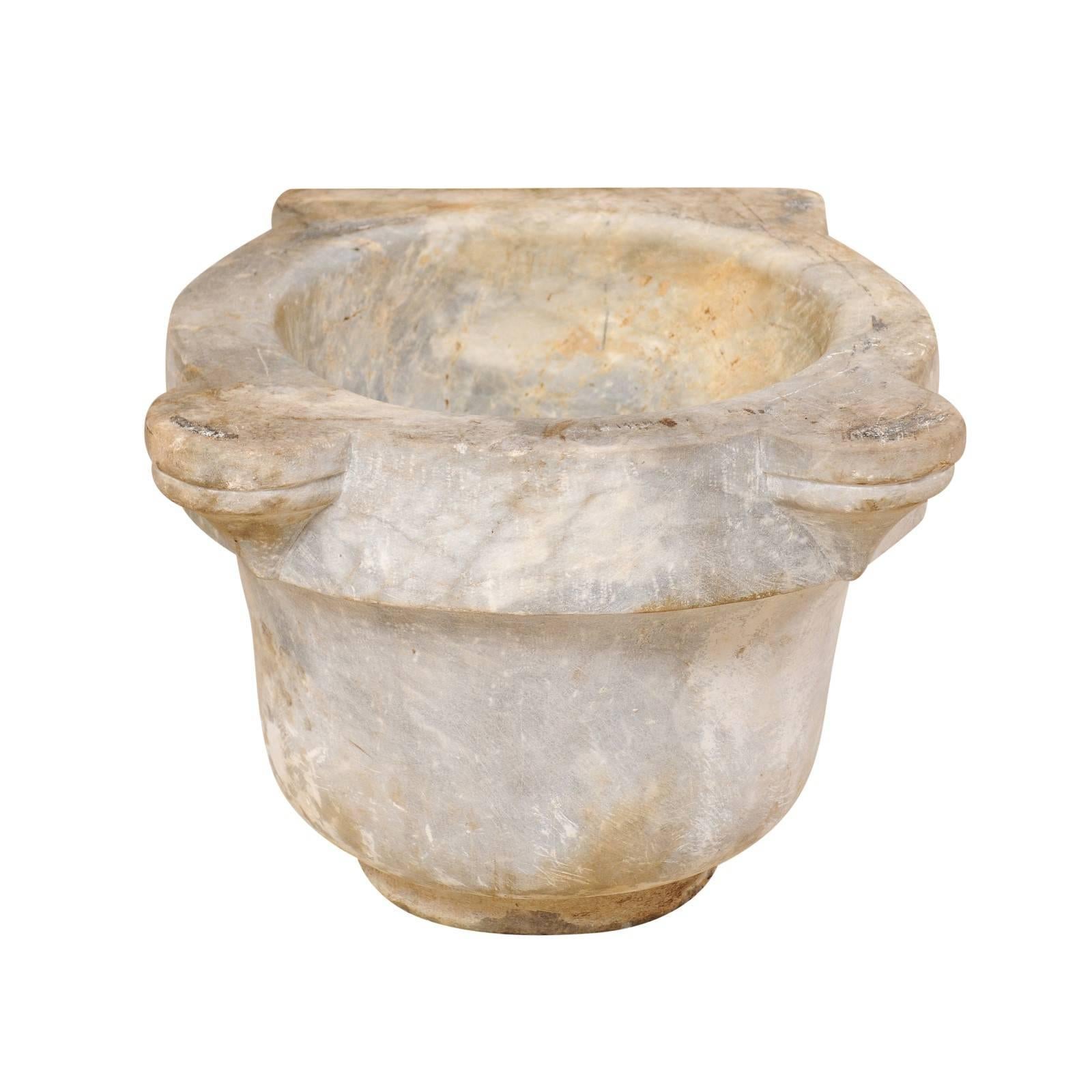 Turkish Hammam Hand-Carved Marble Wash Basin from the 19th Century