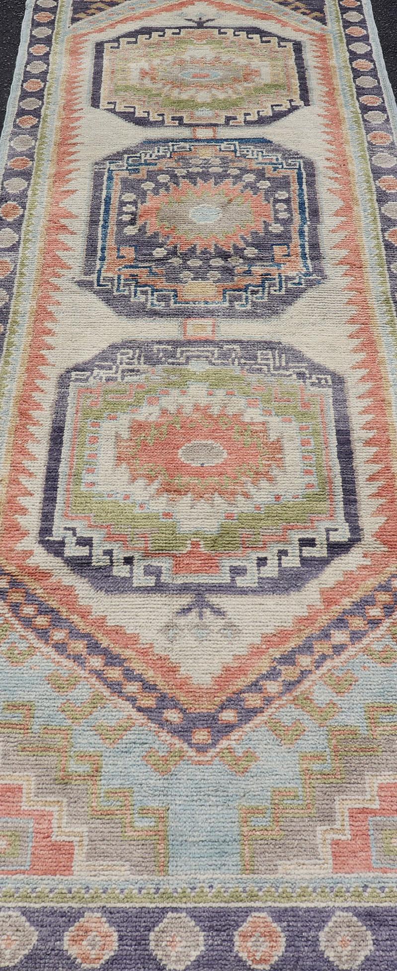 Hand-Knotted Turkish Hand Knotted Oushak Runner with Medallion Design with Multicolor For Sale