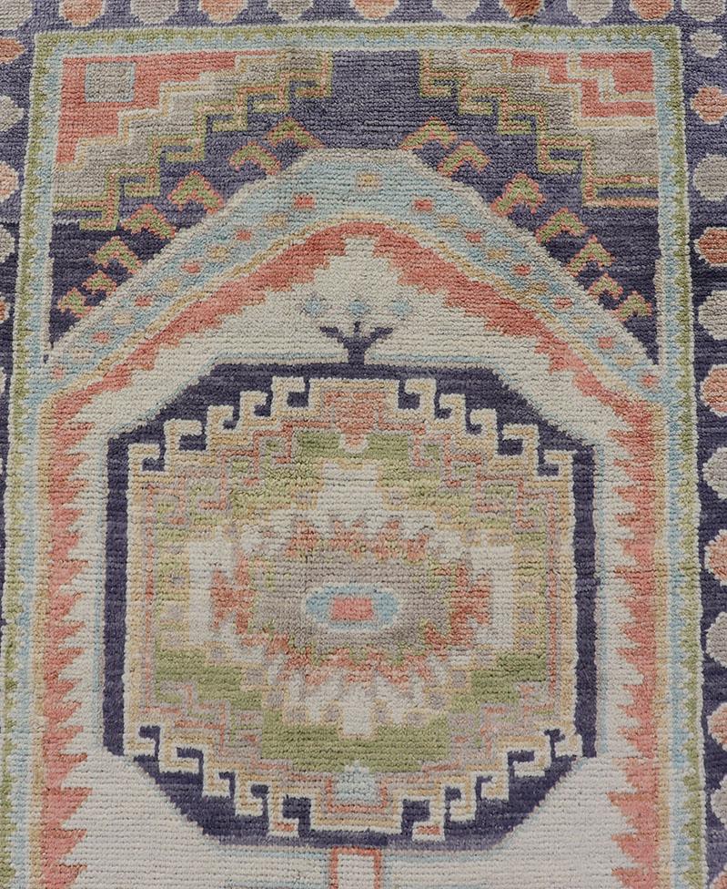 Wool Turkish Hand Knotted Oushak Runner with Medallion Design with Multicolor For Sale
