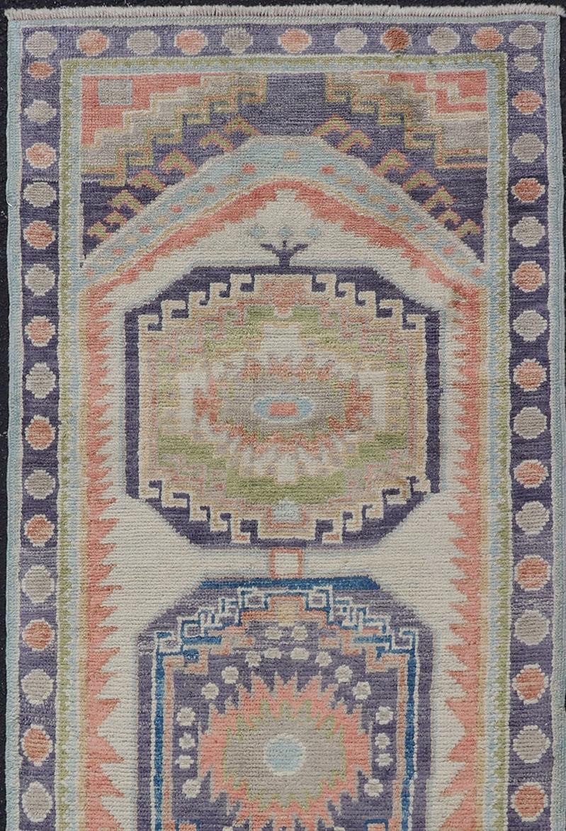 Turkish Hand Knotted Oushak Runner with Medallion Design with Multicolor For Sale 2