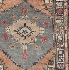 Turkish Hand Knotted Oushak Vintage Small Carpet in Light Orange and Light Grey