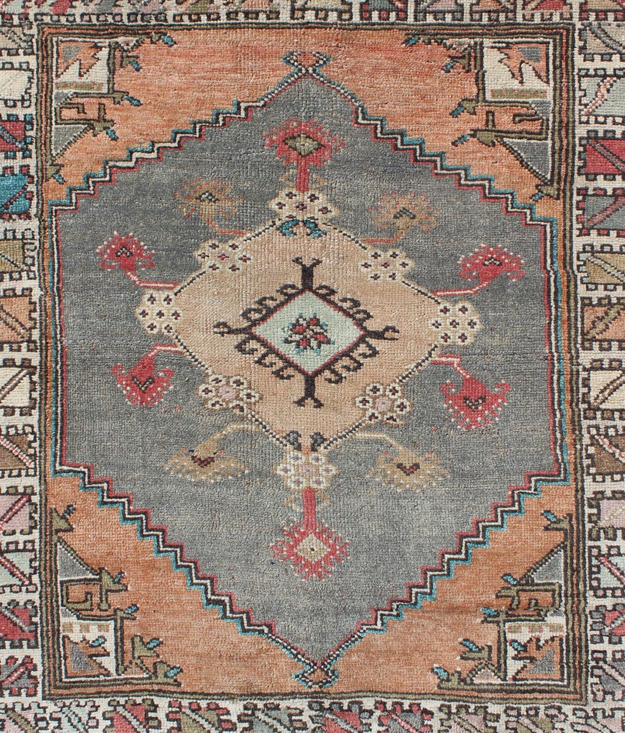 Turkish Hand Knotted Oushak Vintage Small Carpet in Light Orange and Light Grey In Good Condition For Sale In Atlanta, GA