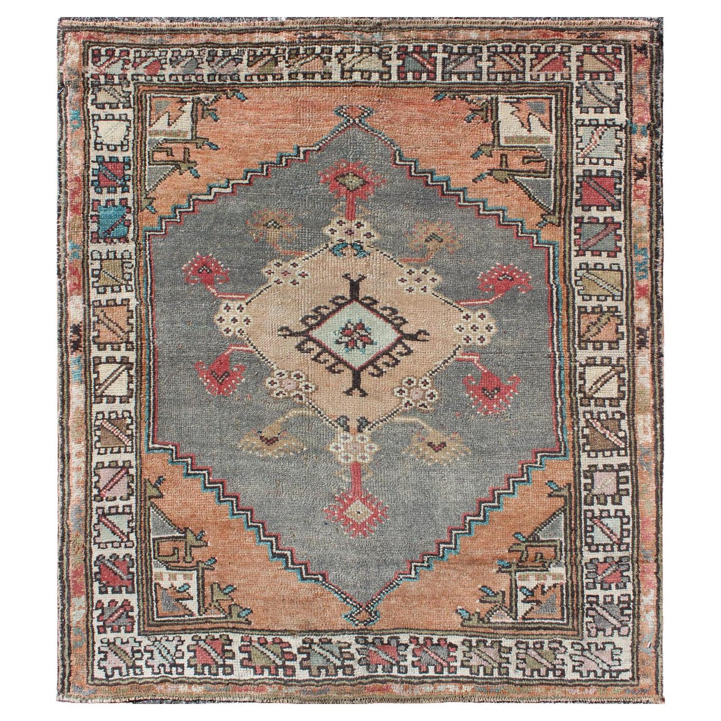 Turkish Hand Knotted Oushak Vintage Small Carpet in Light Orange and Light Grey