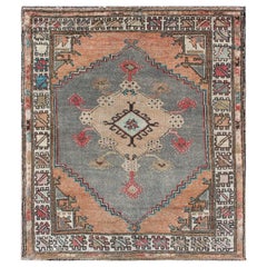 Turkish Hand Knotted Oushak Retro Small Carpet in Light Orange and Light Grey