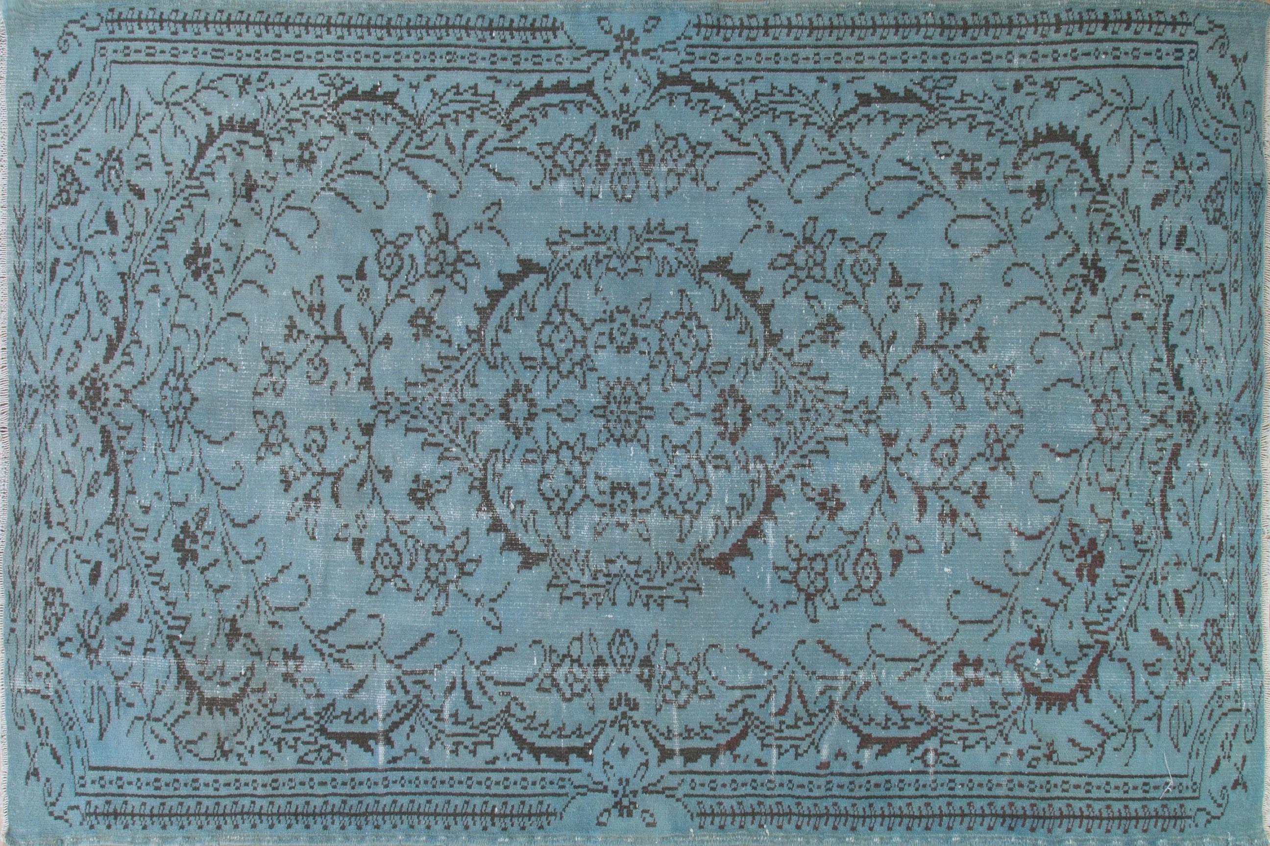 Hand-Woven Turkish Hand Knotted Rug Over-Dyed in Soft Cerulean Blue