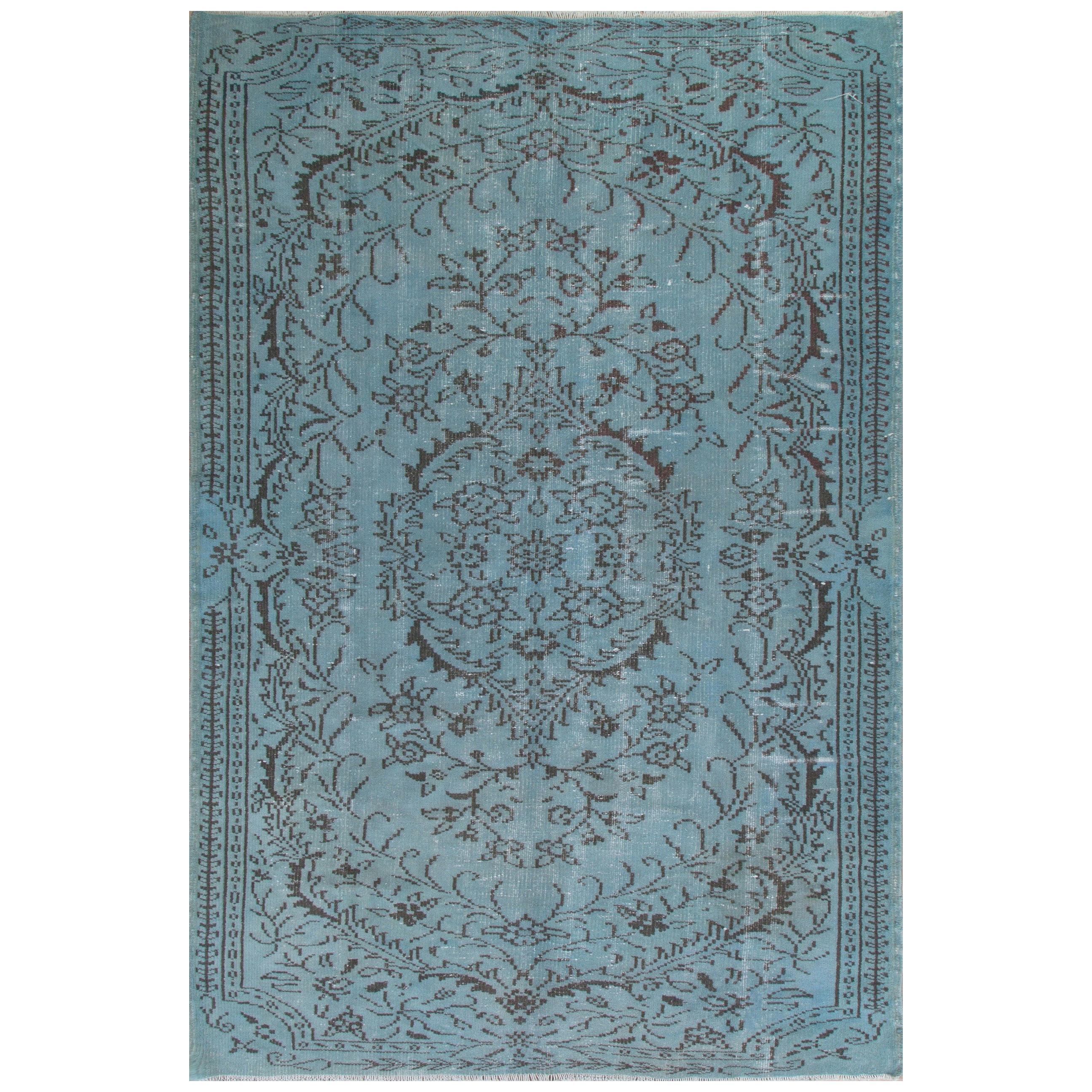 Turkish Hand Knotted Rug Over-Dyed in Soft Cerulean Blue