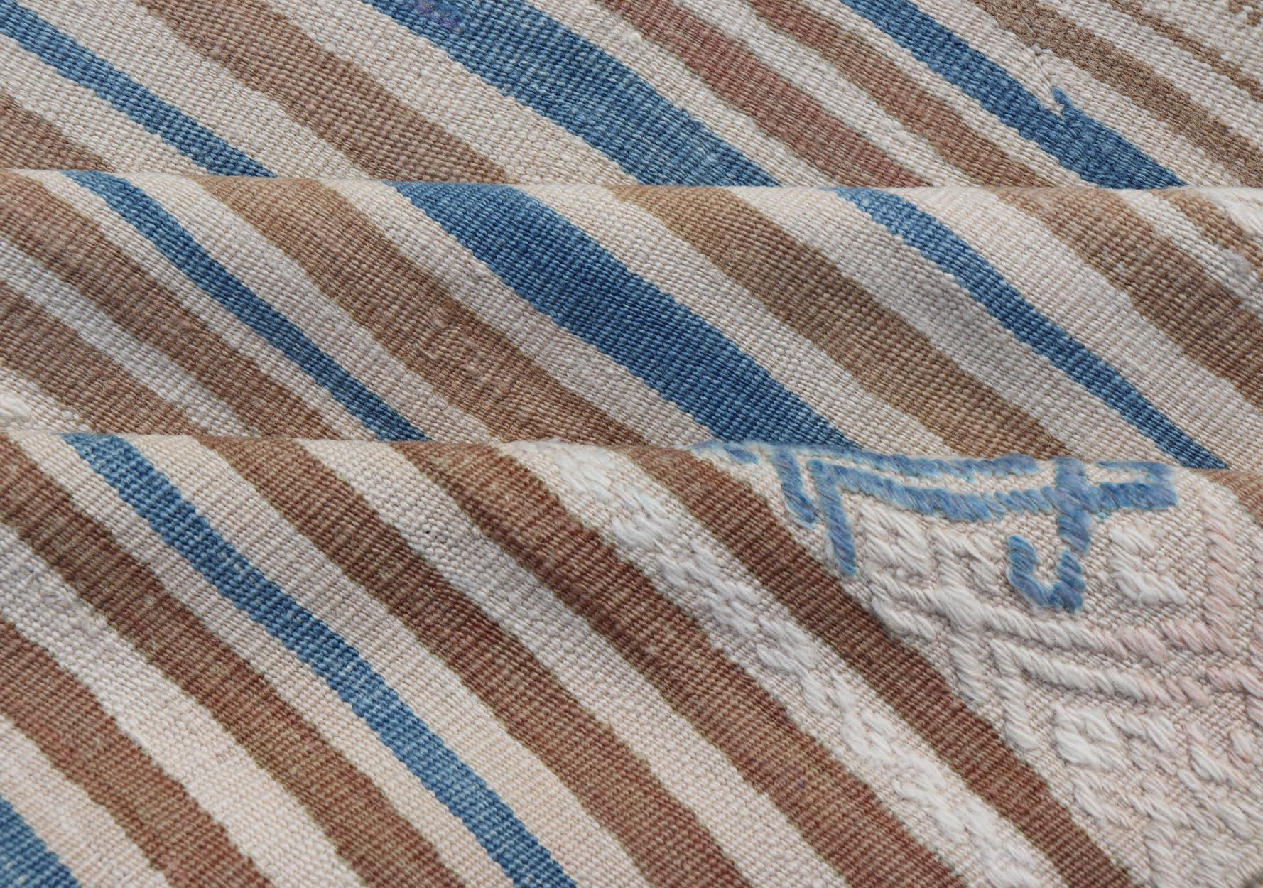 Turkish Hand Woven Flat-Weave Embroideries Kilim in Taupe, Brown, and Blue  4