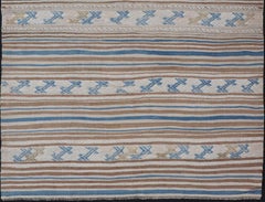 Turkish Hand Woven Flat-Weave Embroideries Kilim in Taupe, Brown, and Blue