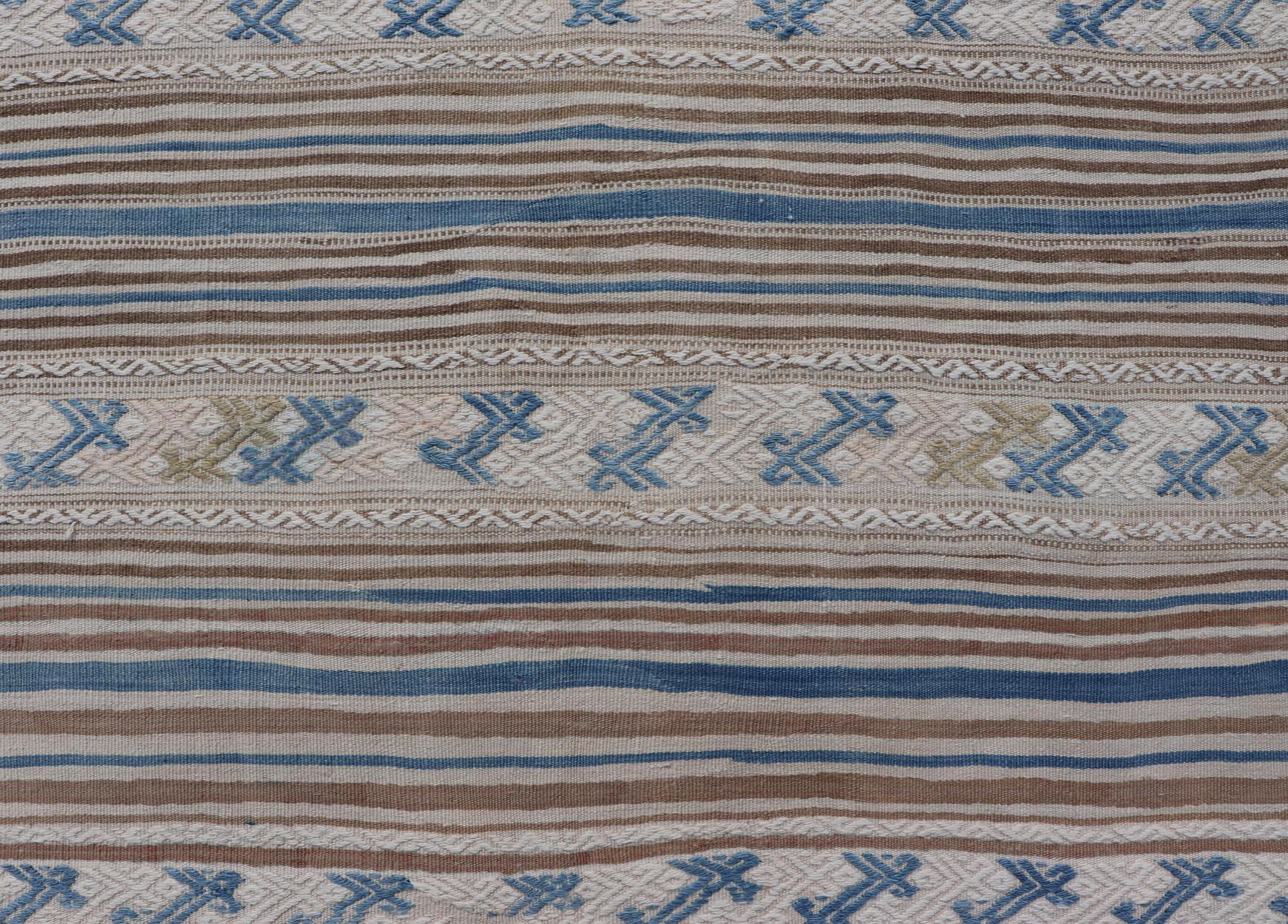 20th Century Turkish Hand Woven Flat-Weave Embroideries Kilim in Taupe, Brown, and Blue 