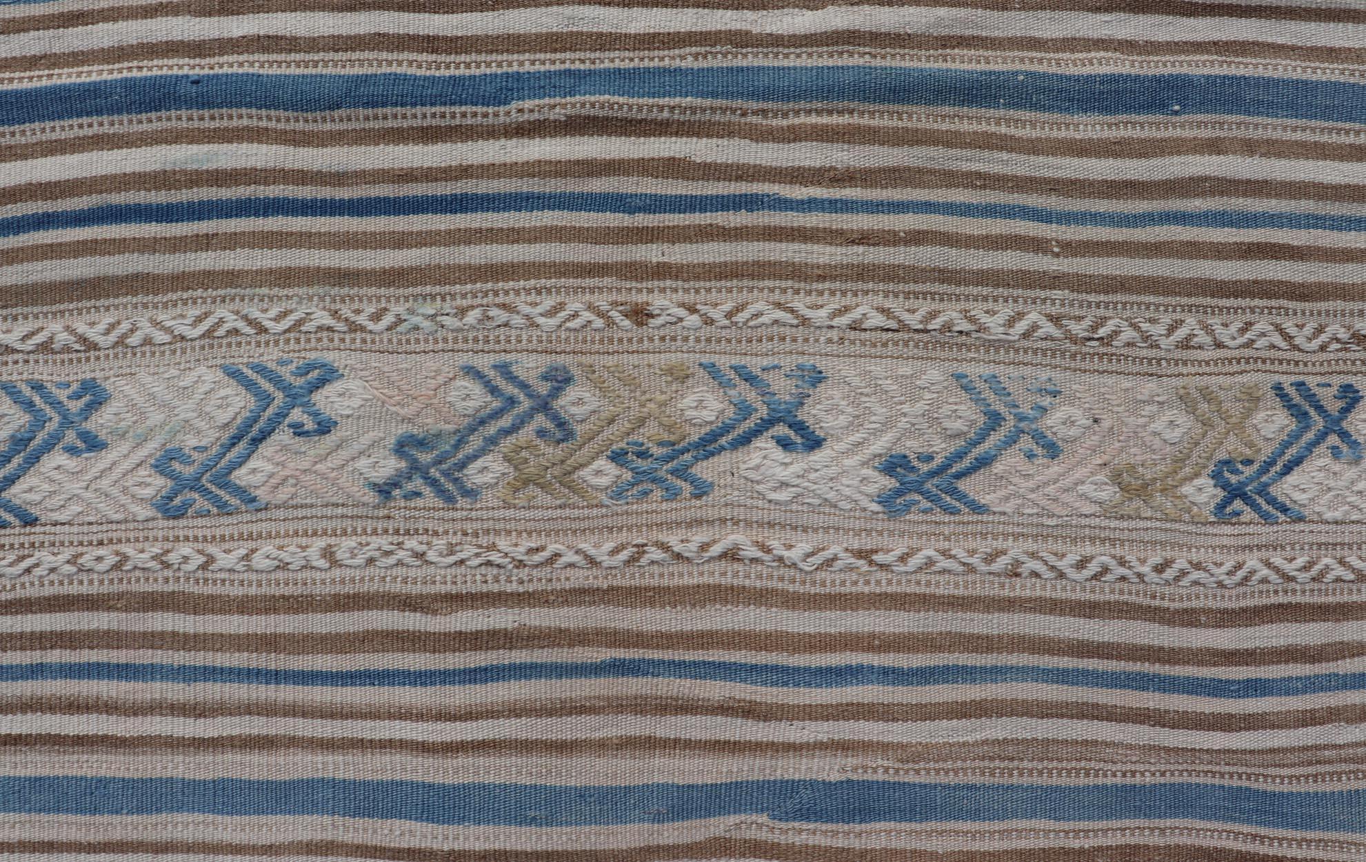 Wool Turkish Hand Woven Flat-Weave Embroideries Kilim in Taupe, Brown, and Blue 