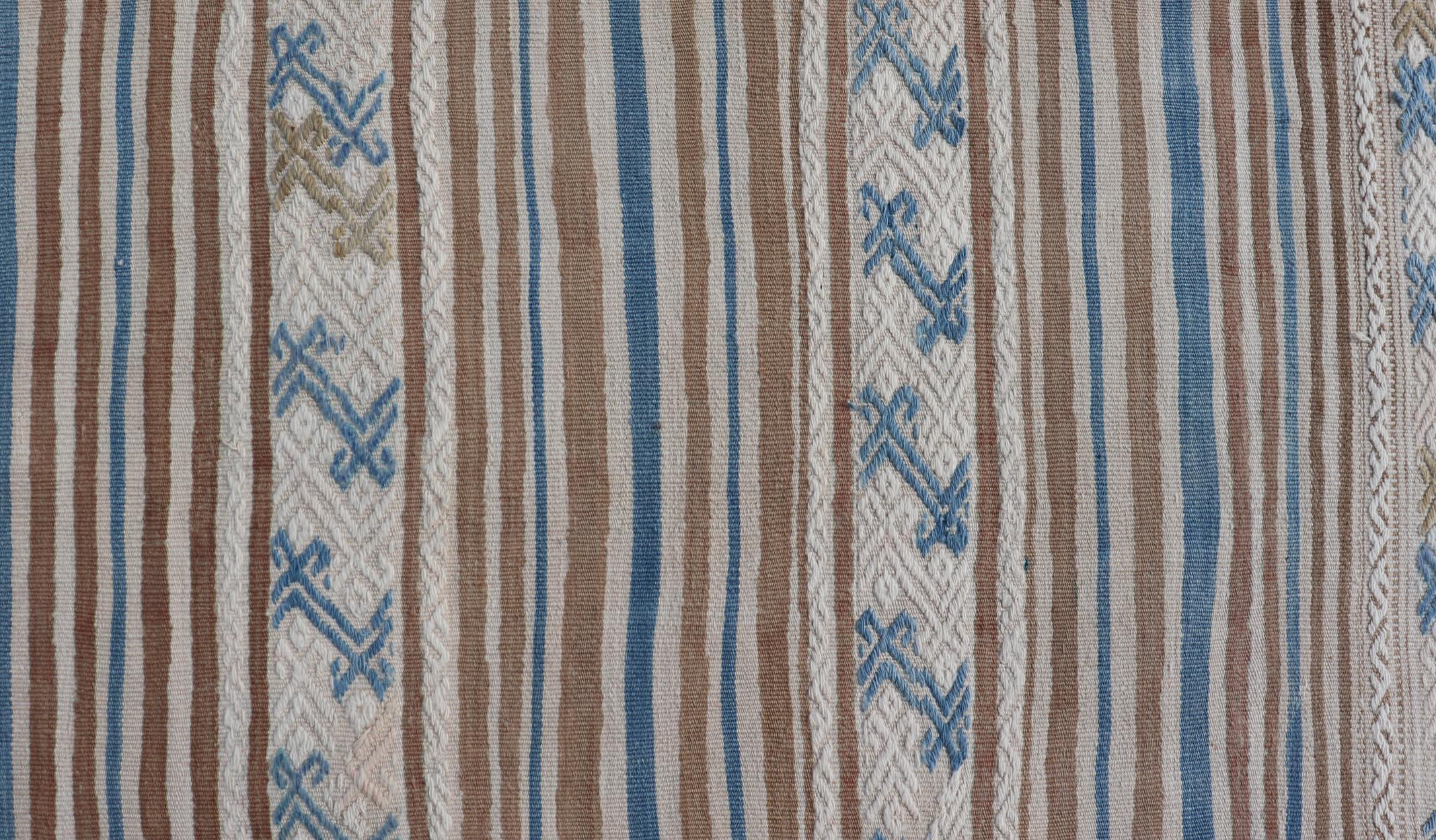 Turkish Hand Woven Flat-Weave Embroideries Kilim in Taupe, Brown, and Blue  1