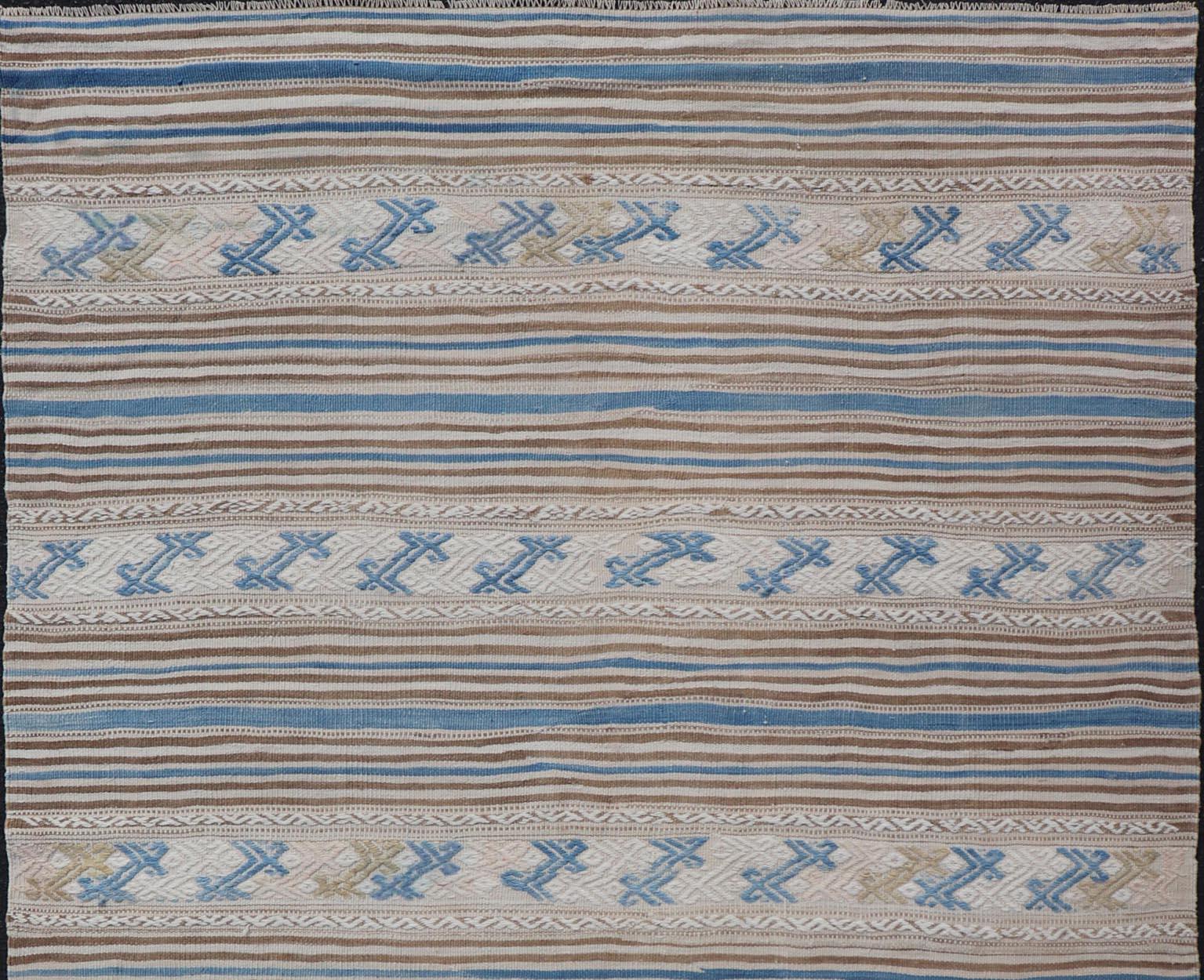 Turkish Hand Woven Flat-Weave Embroideries Kilim in Taupe, Brown, and Blue  2