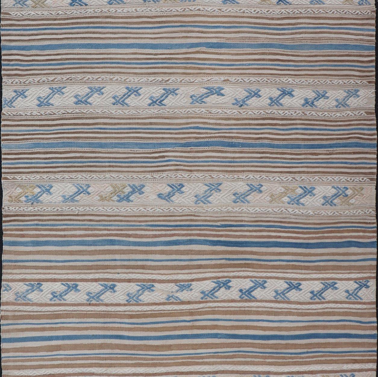 Turkish Hand Woven Flat-Weave Embroideries Kilim in Taupe, Brown, and Blue  3