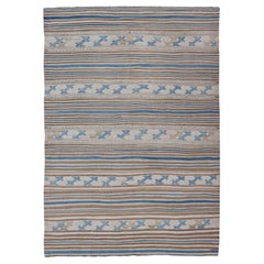 Turkish Hand Woven Flat-Weave Embroideries Kilim in Taupe, Brown, and Blue