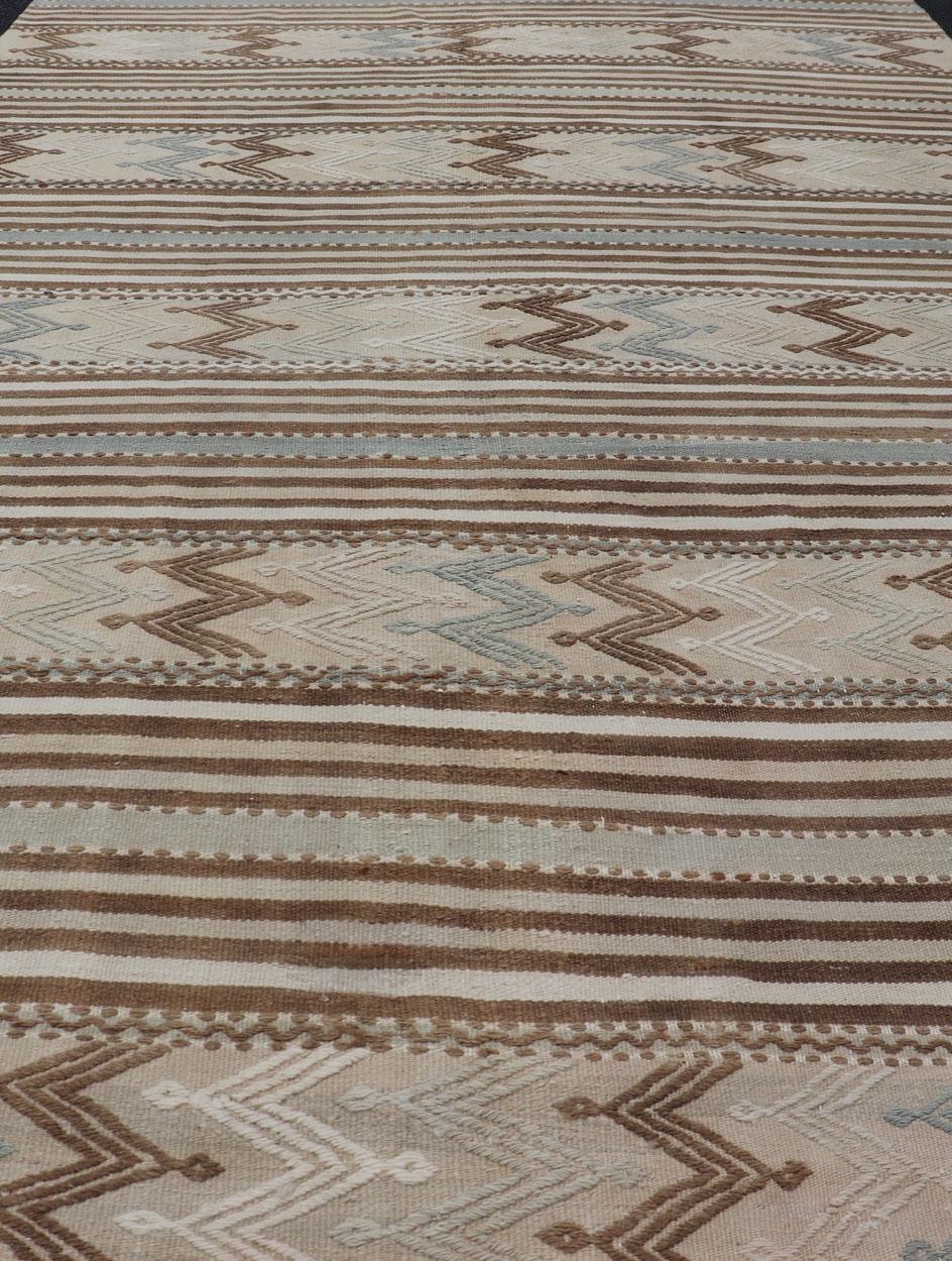 Turkish Hand Woven Flat-Weave Embroideries Kilim in Taupe, Brown, and Lt. Blue  For Sale 4