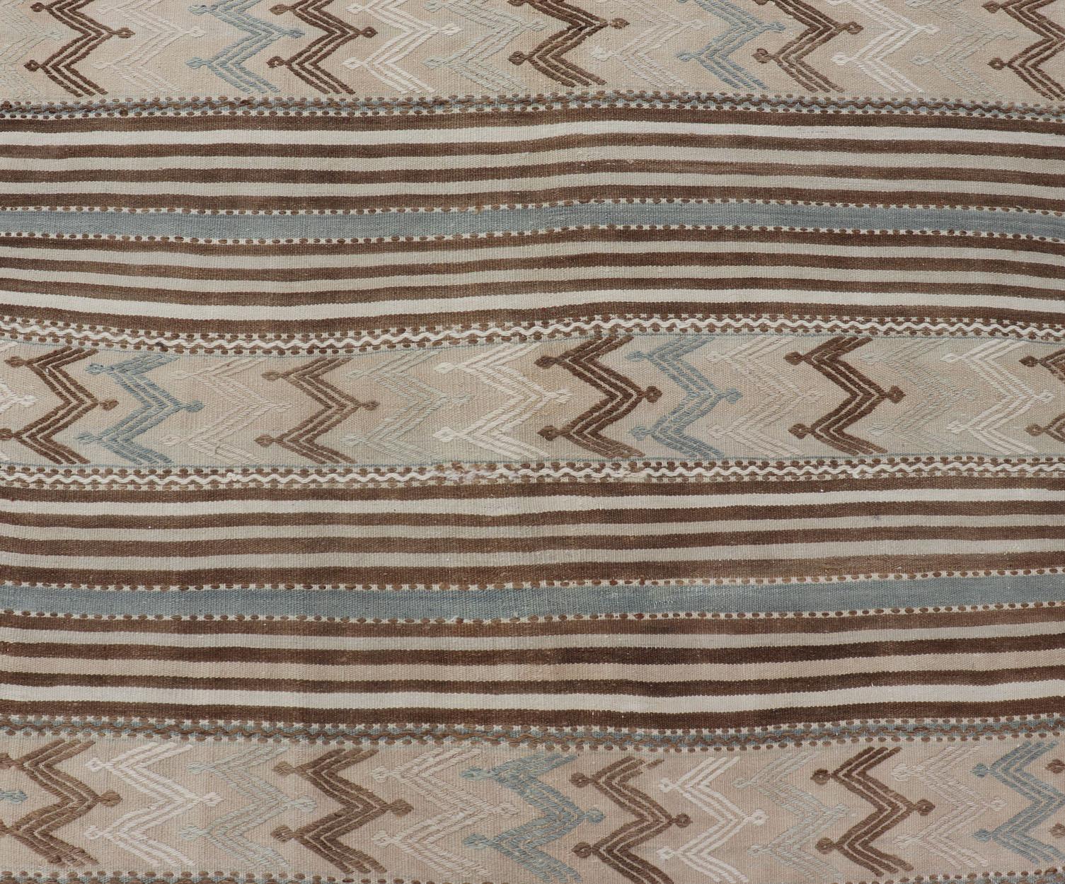 Turkish Hand Woven Flat-Weave Embroideries Kilim in Taupe, Brown, and Lt. Blue  For Sale 5