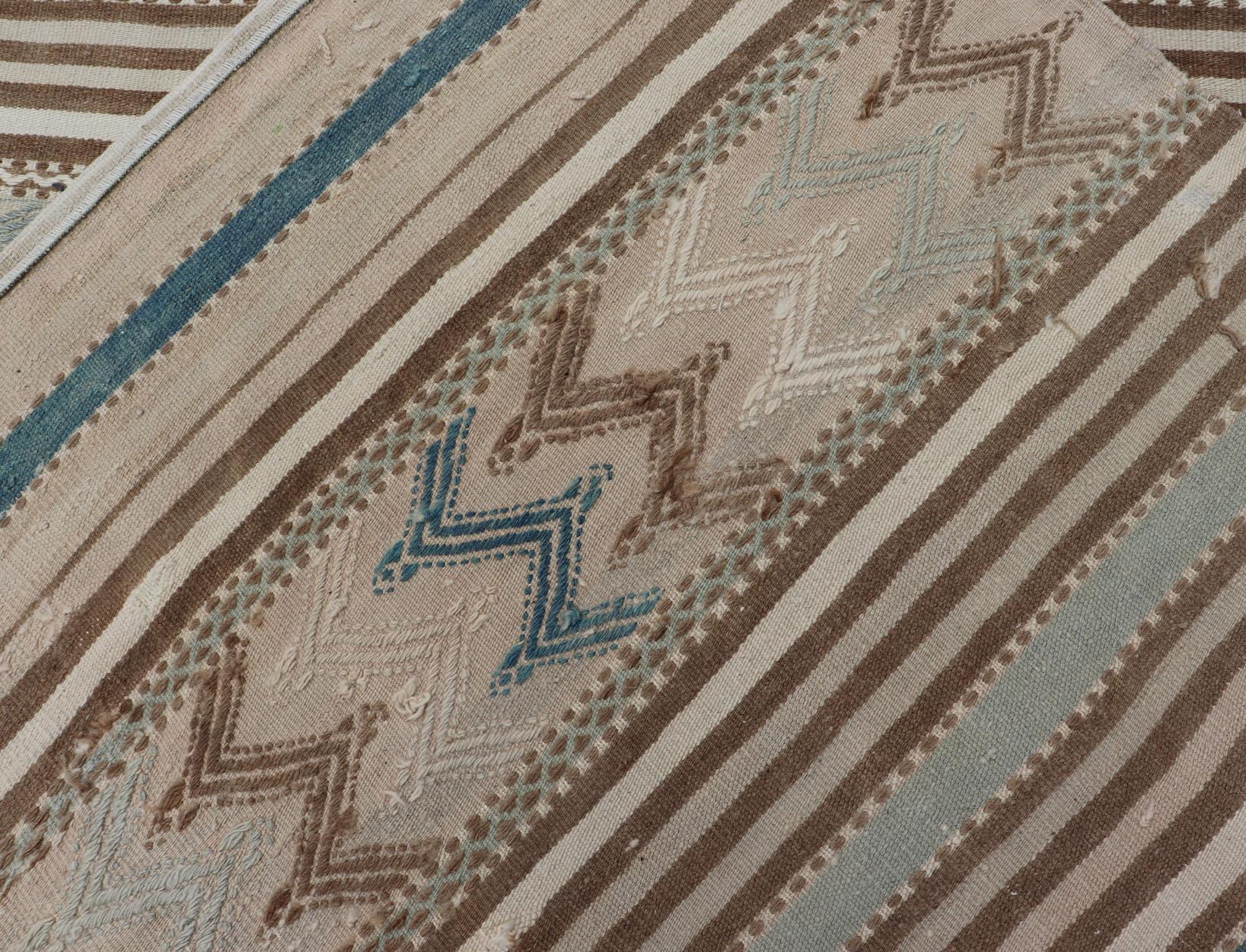 Turkish Hand Woven Flat-Weave Embroideries Kilim in Taupe, Brown, and Lt. Blue  For Sale 7
