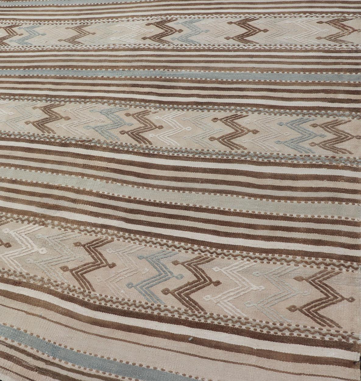 Hand-Woven Turkish Hand Woven Flat-Weave Embroideries Kilim in Taupe, Brown, and Lt. Blue  For Sale