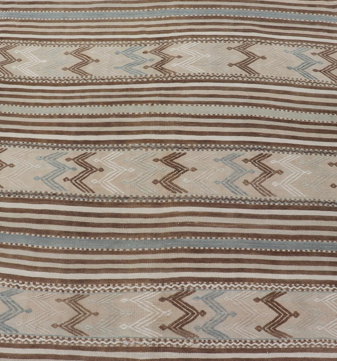 Turkish Hand Woven Flat-Weave Embroideries Kilim in Taupe, Brown, and Lt. Blue  In Excellent Condition For Sale In Atlanta, GA