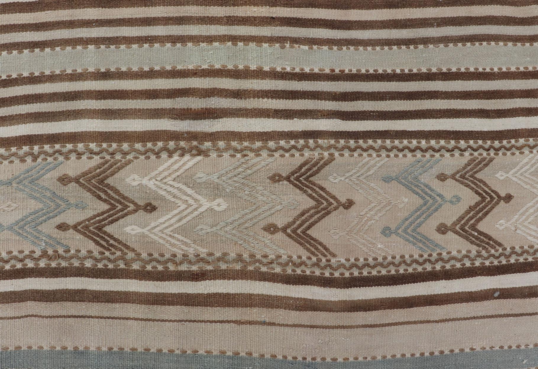 20th Century Turkish Hand Woven Flat-Weave Embroideries Kilim in Taupe, Brown, and Lt. Blue  For Sale