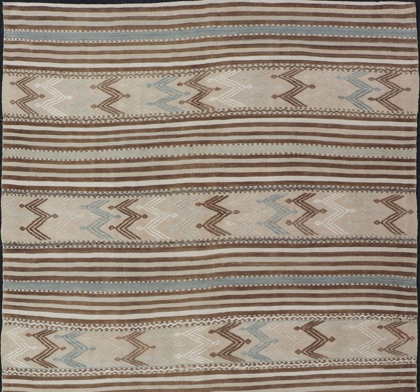 Wool Turkish Hand Woven Flat-Weave Embroideries Kilim in Taupe, Brown, and Lt. Blue  For Sale