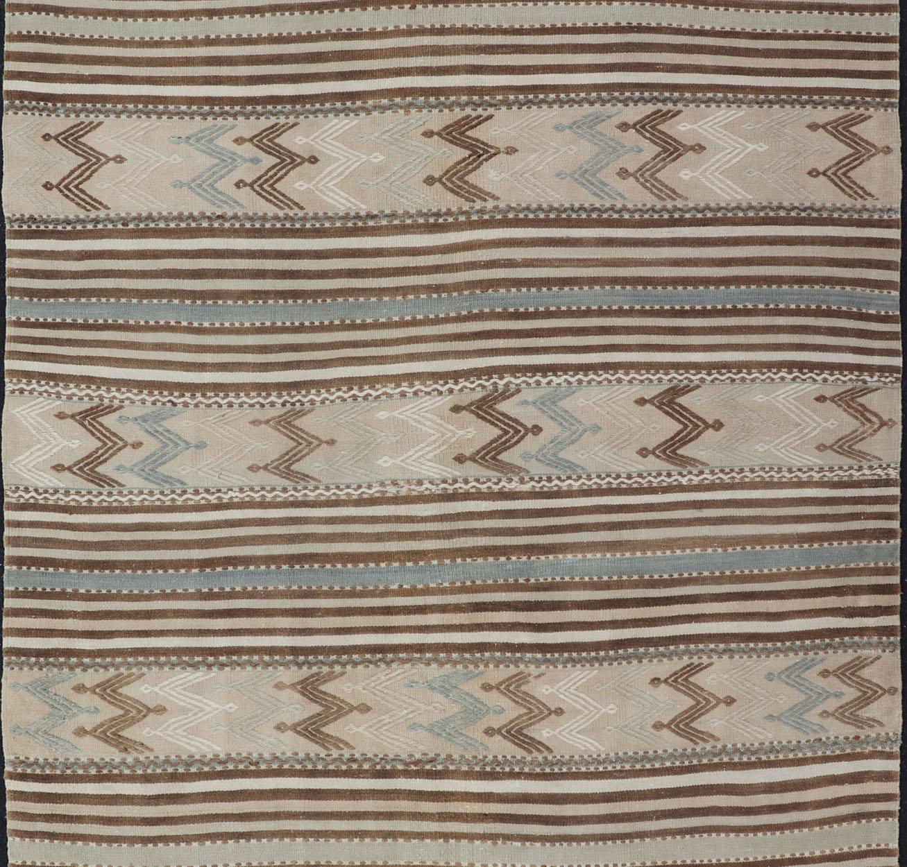 Turkish Hand Woven Flat-Weave Embroideries Kilim in Taupe, Brown, and Lt. Blue  For Sale 1