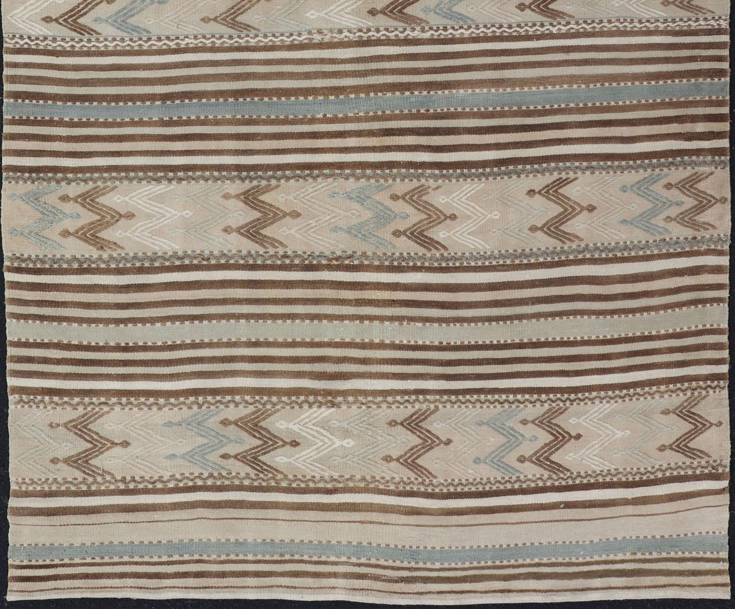 Turkish Hand Woven Flat-Weave Embroideries Kilim in Taupe, Brown, and Lt. Blue  For Sale 2