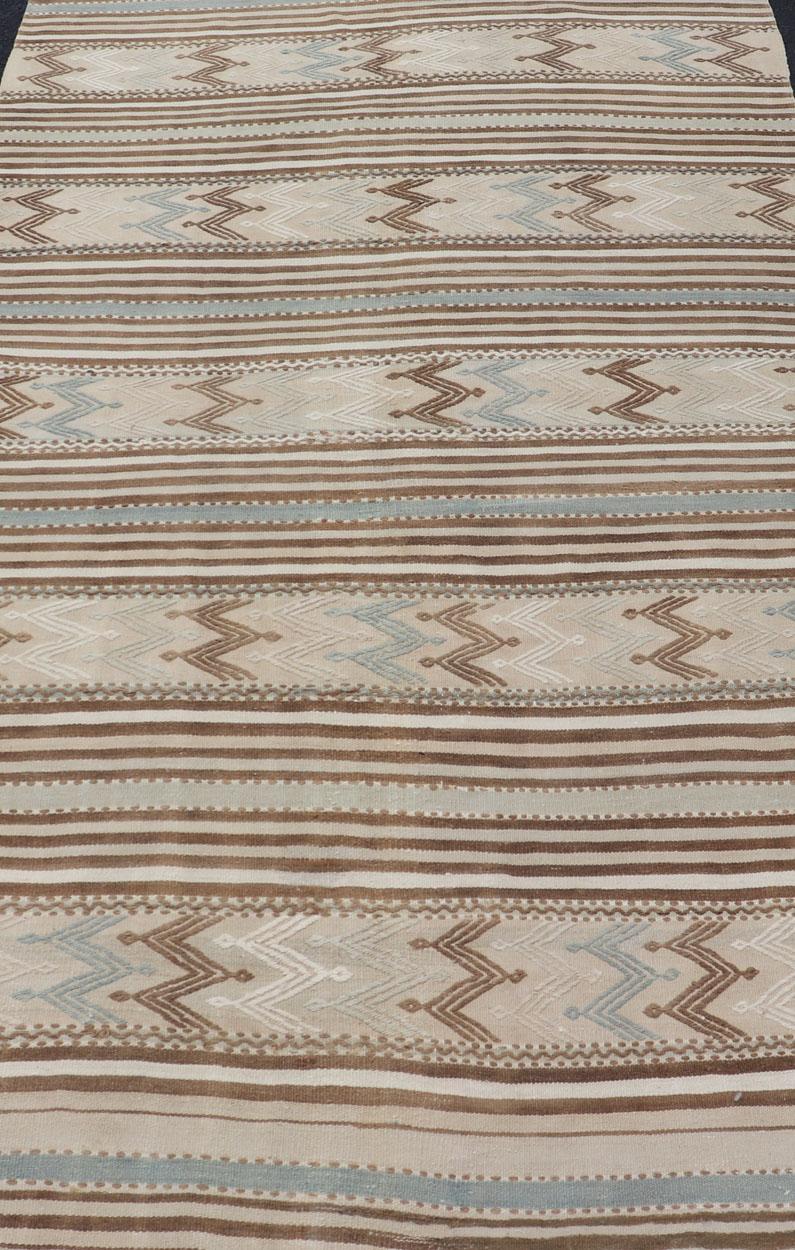 Turkish Hand Woven Flat-Weave Embroideries Kilim in Taupe, Brown, and Lt. Blue  For Sale 3