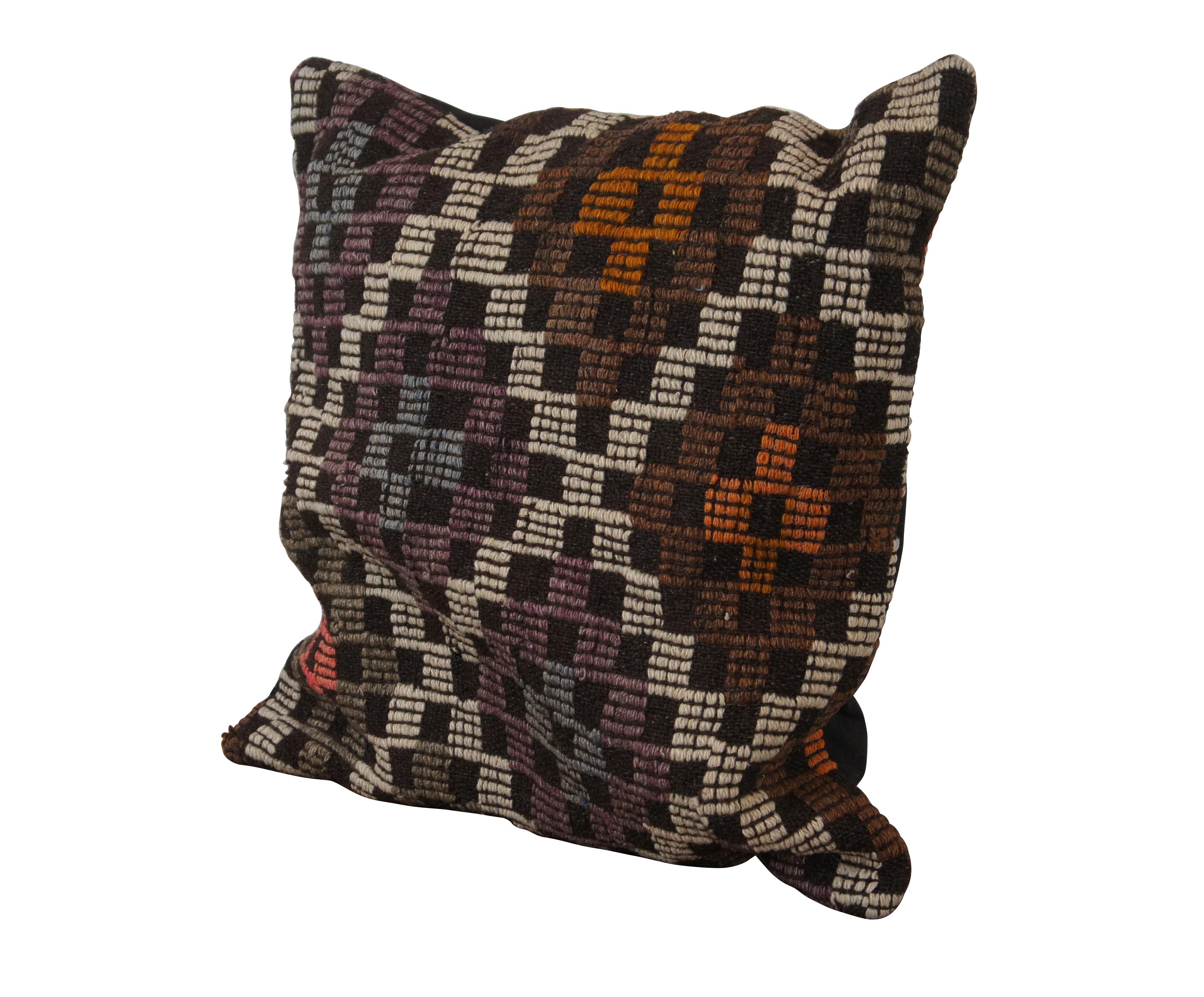 20th century square throw pillow, hand woven wool Oldkilim geometric diamond design in brown, white, gray, purple, orange and blue. Black cotton back with zipper closure. Bamboo fiber filled. Made in Turkey.

Dimensions:
18