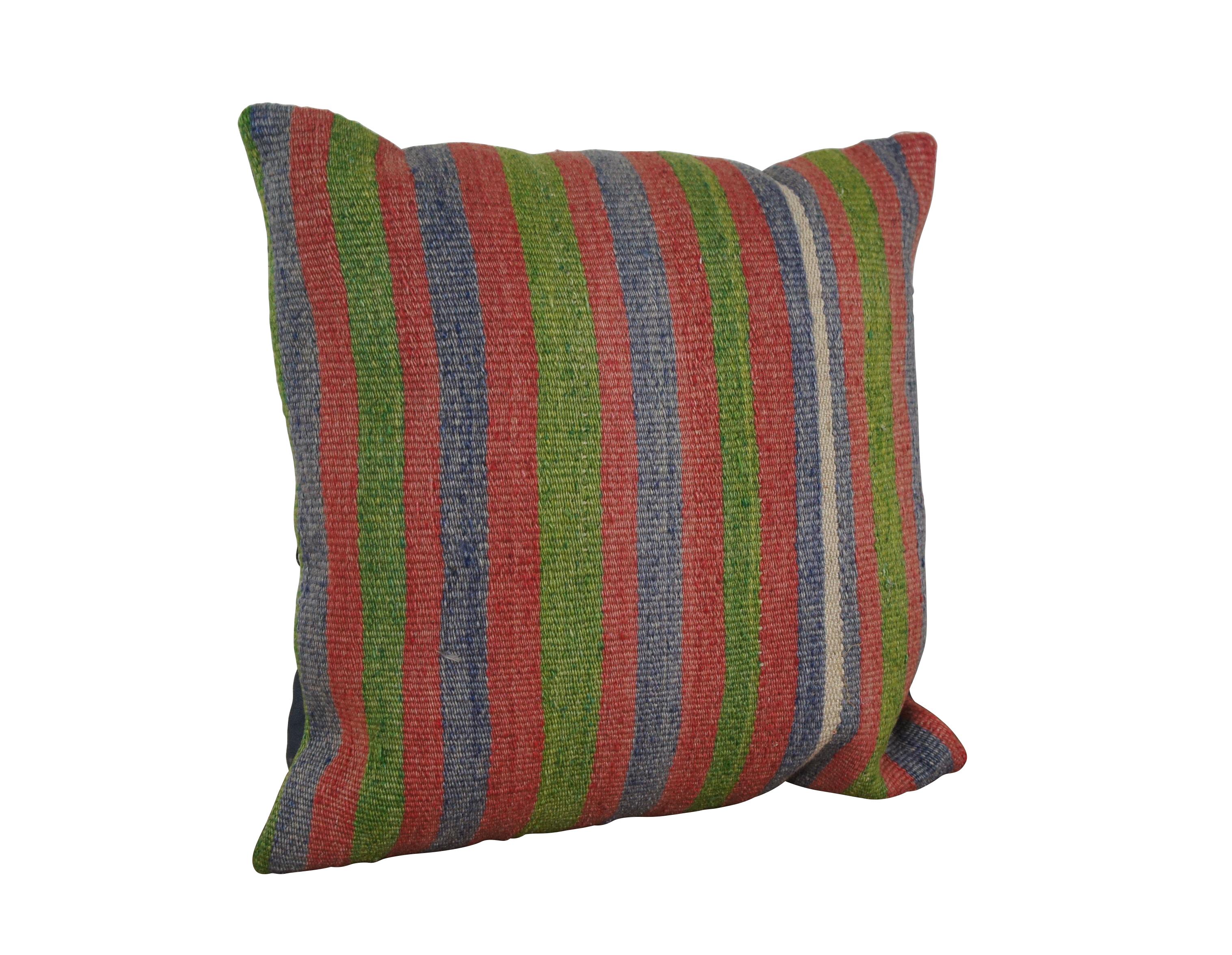 20th century Oldkilim square throw pillow, hand woven in wool with a pattern of green, blue, pink and white stripes. Black cotton back with zipper closure. Fiber filled. Made in Turkey.

Dimensions:
18