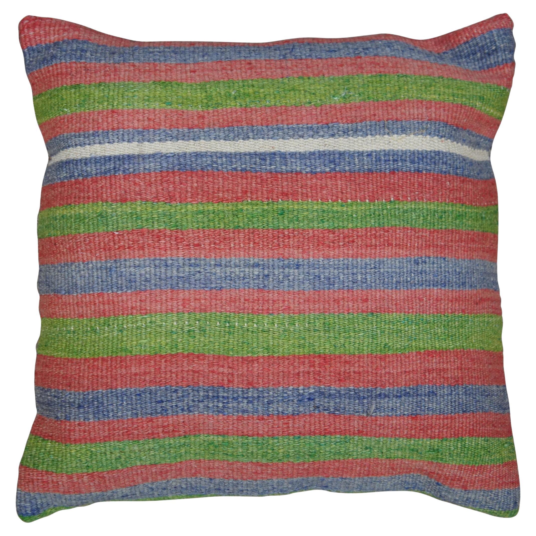 Turkish Hand Woven Wool Oldkilim Kilim Geometric Striped Lumbar Throw Pillow 18"