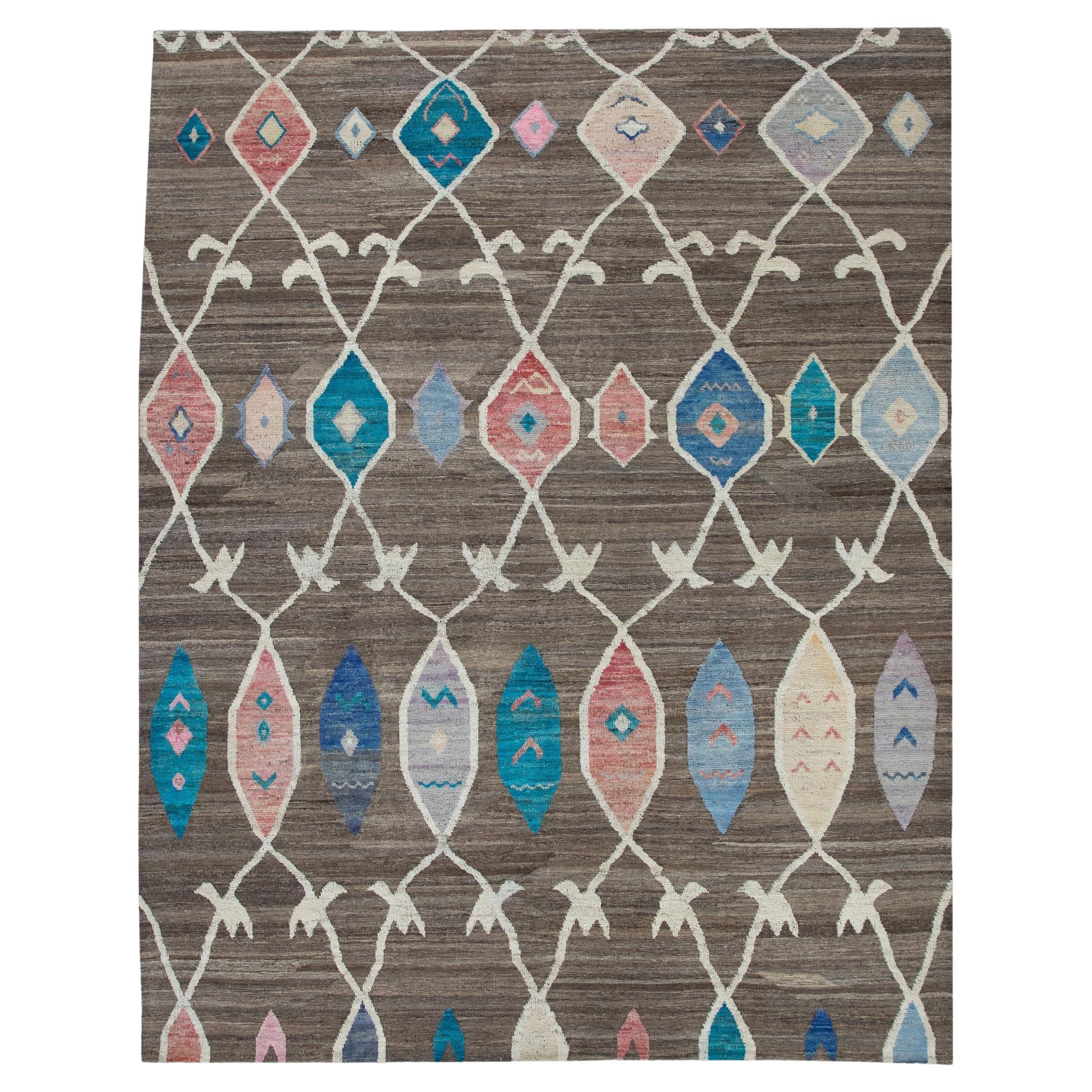 Tappeto turco fatto a mano Rug & Kilim in lana a trama piatta marrone multicolore 9'10" x 12'3"