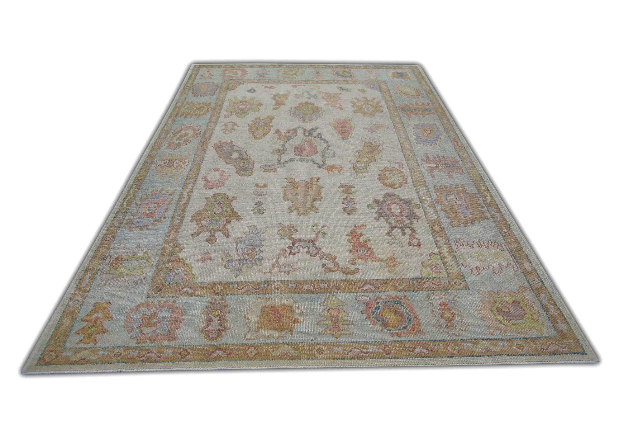 Türkische Handarbeit Oushak Teppich Blau Creme Wolle Teppich 6' x 9'3