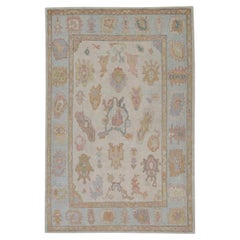 Turkish Handmade Oushak Rug Blue Cream Wool Rug 6' x 9'3"