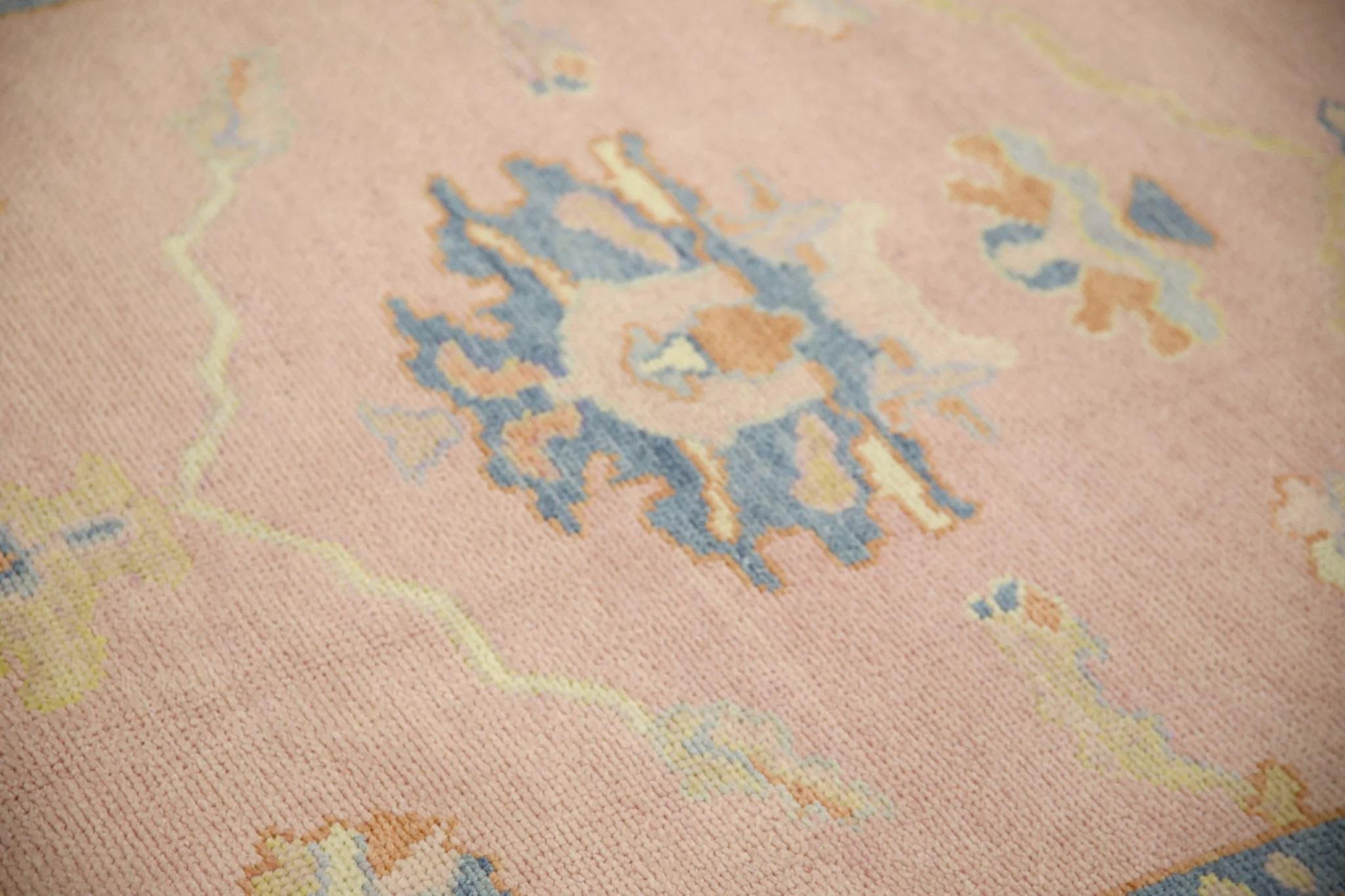 Turco  Alfombra Oushak Hecha a Mano Diseño Floral Lana Rosa Azul 6'4