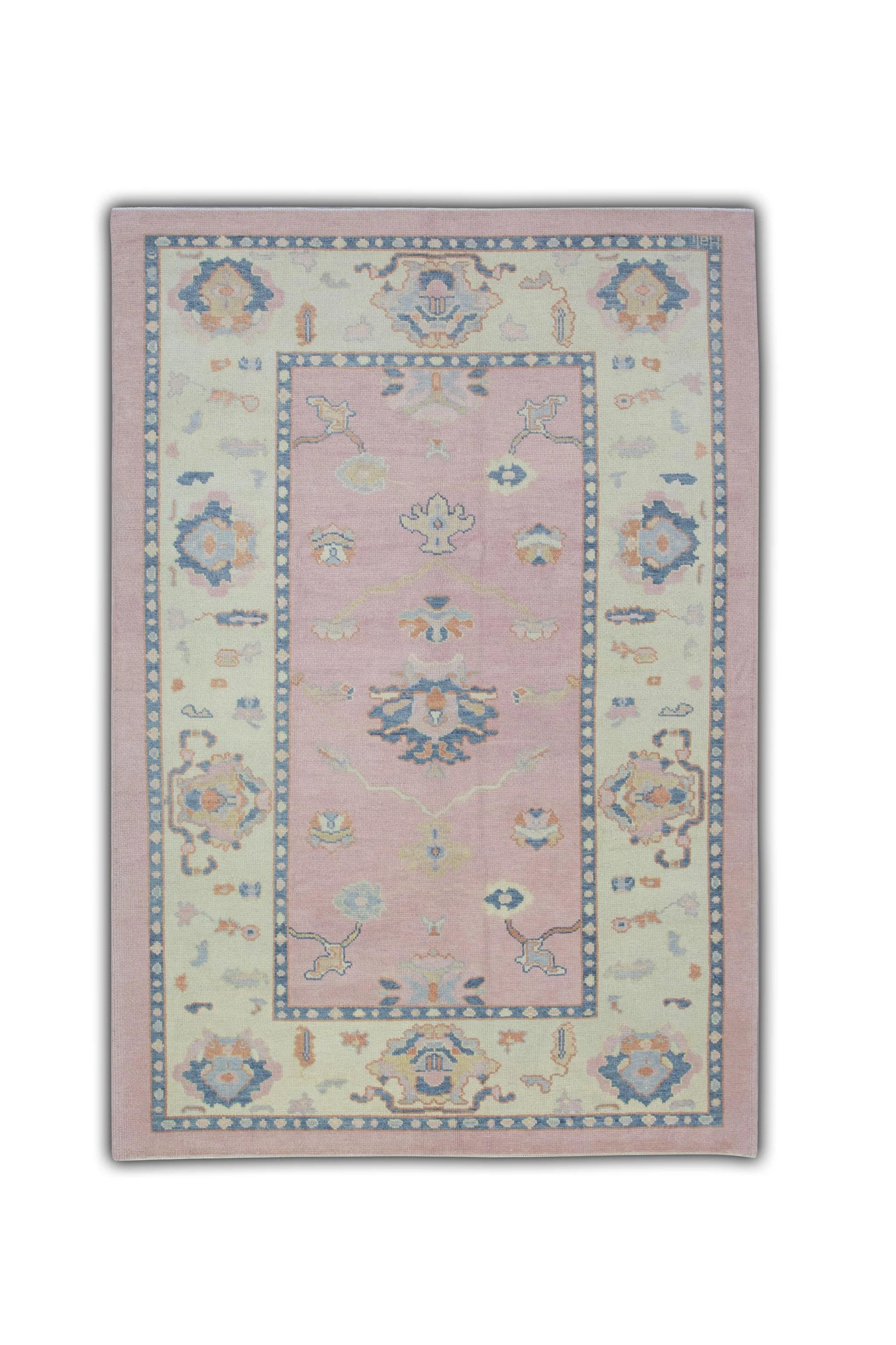 Turco  Alfombra Oushak Hecha a Mano Diseño Floral Lana Rosa Azul 6'4