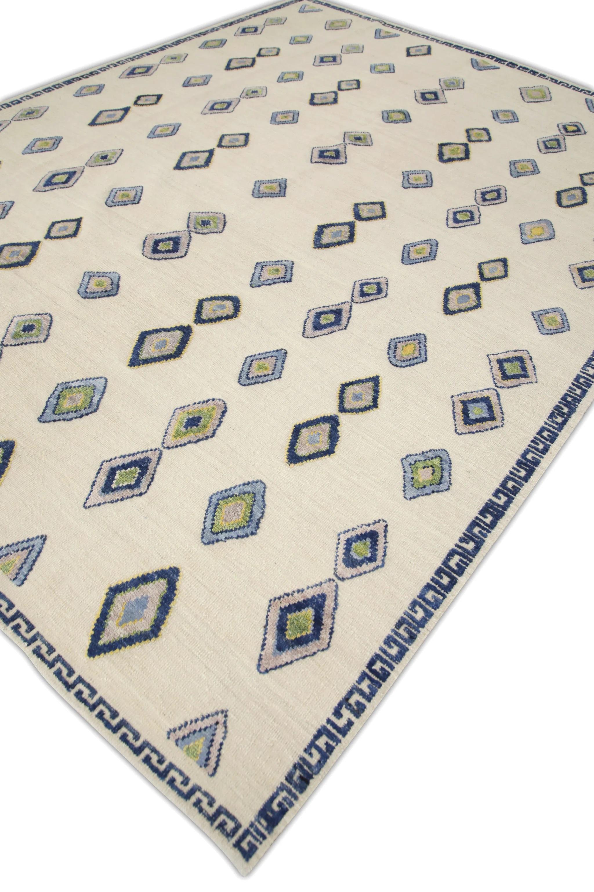 Türkischer handgefertigter Wollteppich Flachgewebe Blau Rosa Geometrischer Kilim 9'3