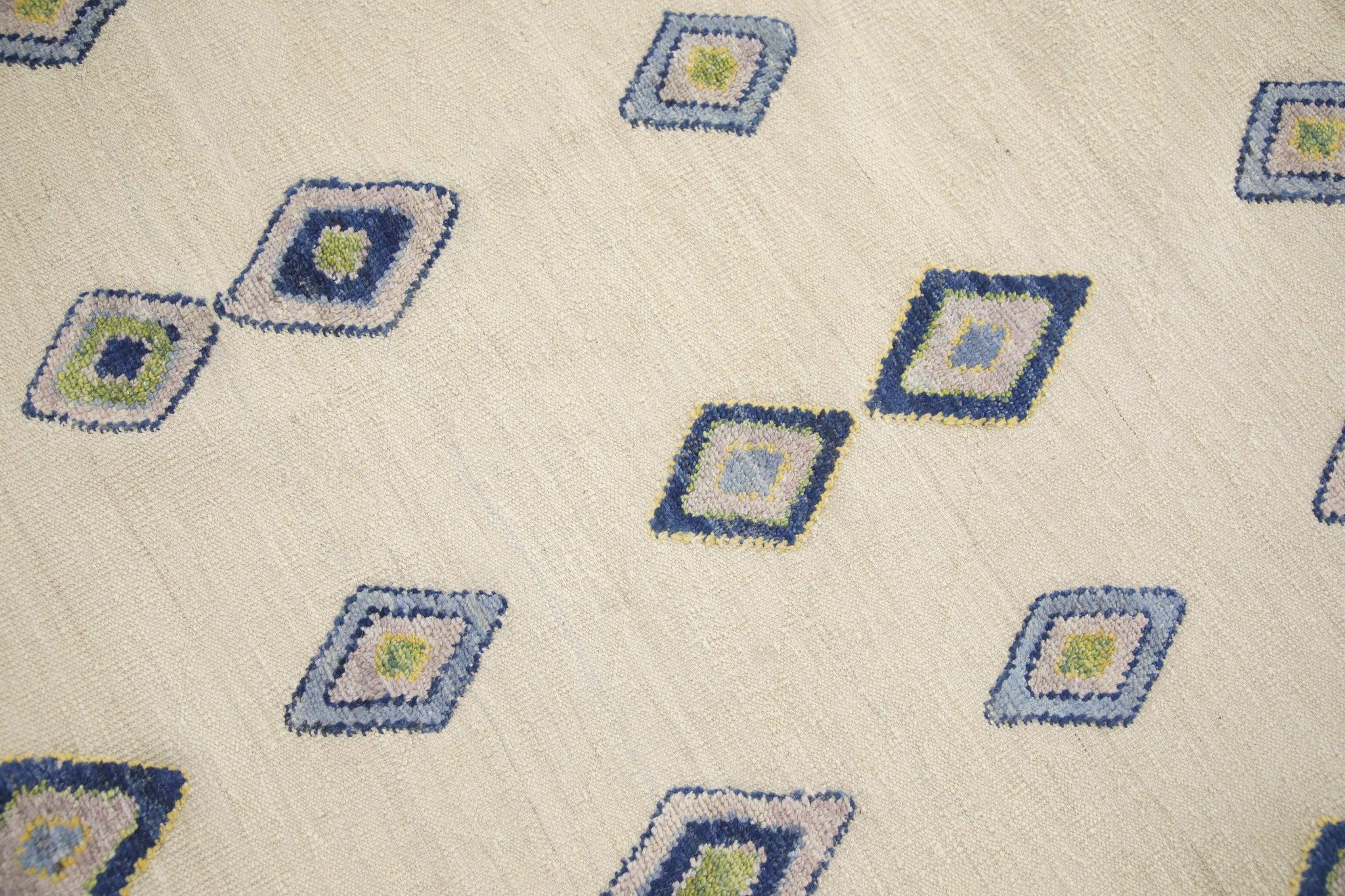 Türkischer handgefertigter Wollteppich Flachgewebe Blau Rosa Geometrischer Kilim 9'3