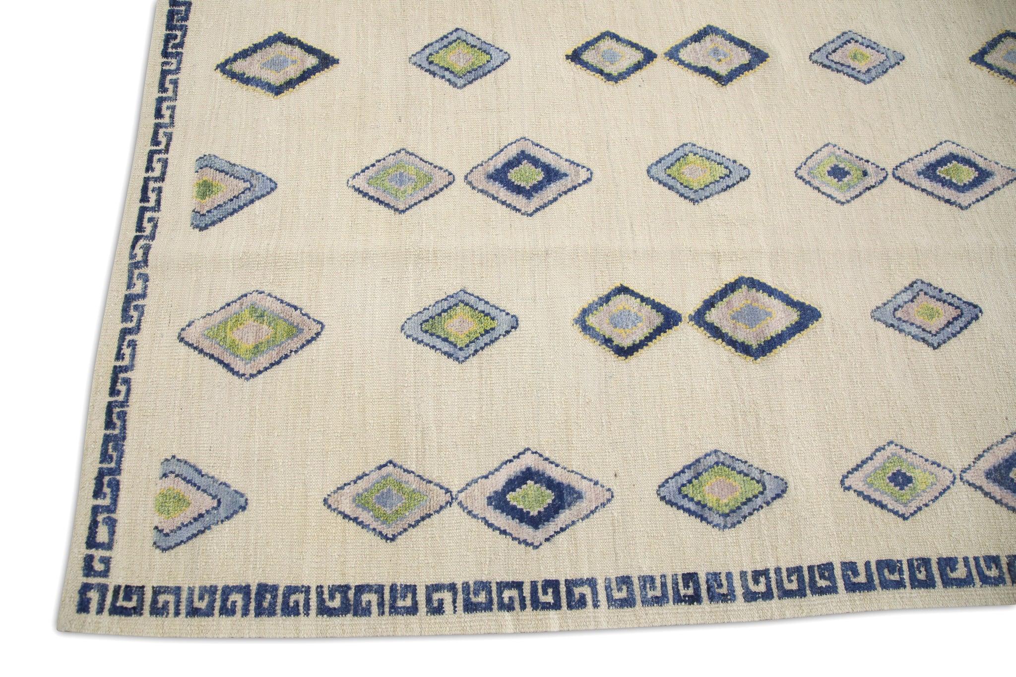 Türkischer handgefertigter Wollteppich Flachgewebe Blau Rosa Geometrischer Kilim 9'3