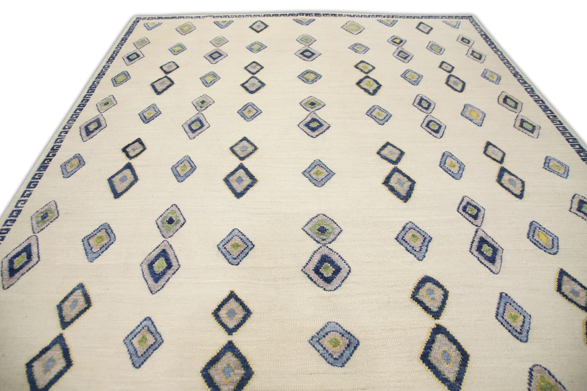 Türkischer handgefertigter Wollteppich Flachgewebe Blau Rosa Geometrischer Kilim 9'3